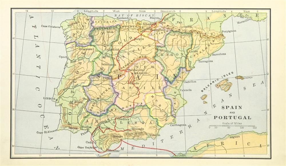 Mapa político de la península Ibérica publicado en 1888 en Londres en la obra "Old and New Spain". Aparecen los países de la Corona de Aragón bien definidos, el viejo Reino de León y las dos Castillas, con Madrid incrustado en la manchega.  Autor: Field, Henry Martyn